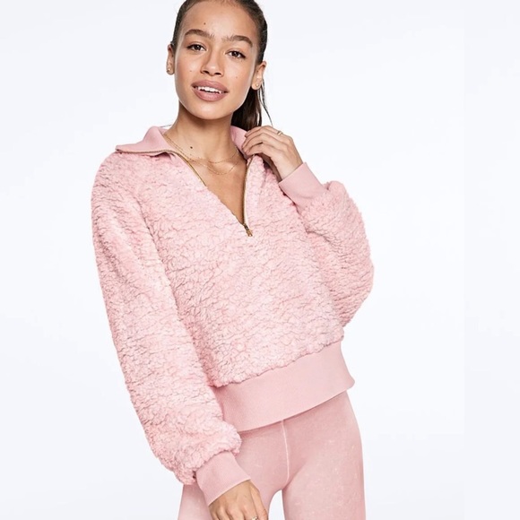 PINK Victoria's Secret Sweaters - Victoria’s Secret PINK Sherpa Half Zip Chalk Rose
